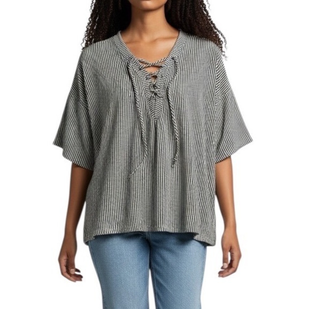 BKE Buckle Olive Green Striped Lace Up‎ V-Neck Knit Top Oversized L